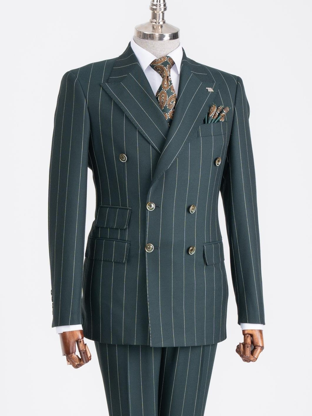 Green Striped Double Breasted Suit 2-Piece