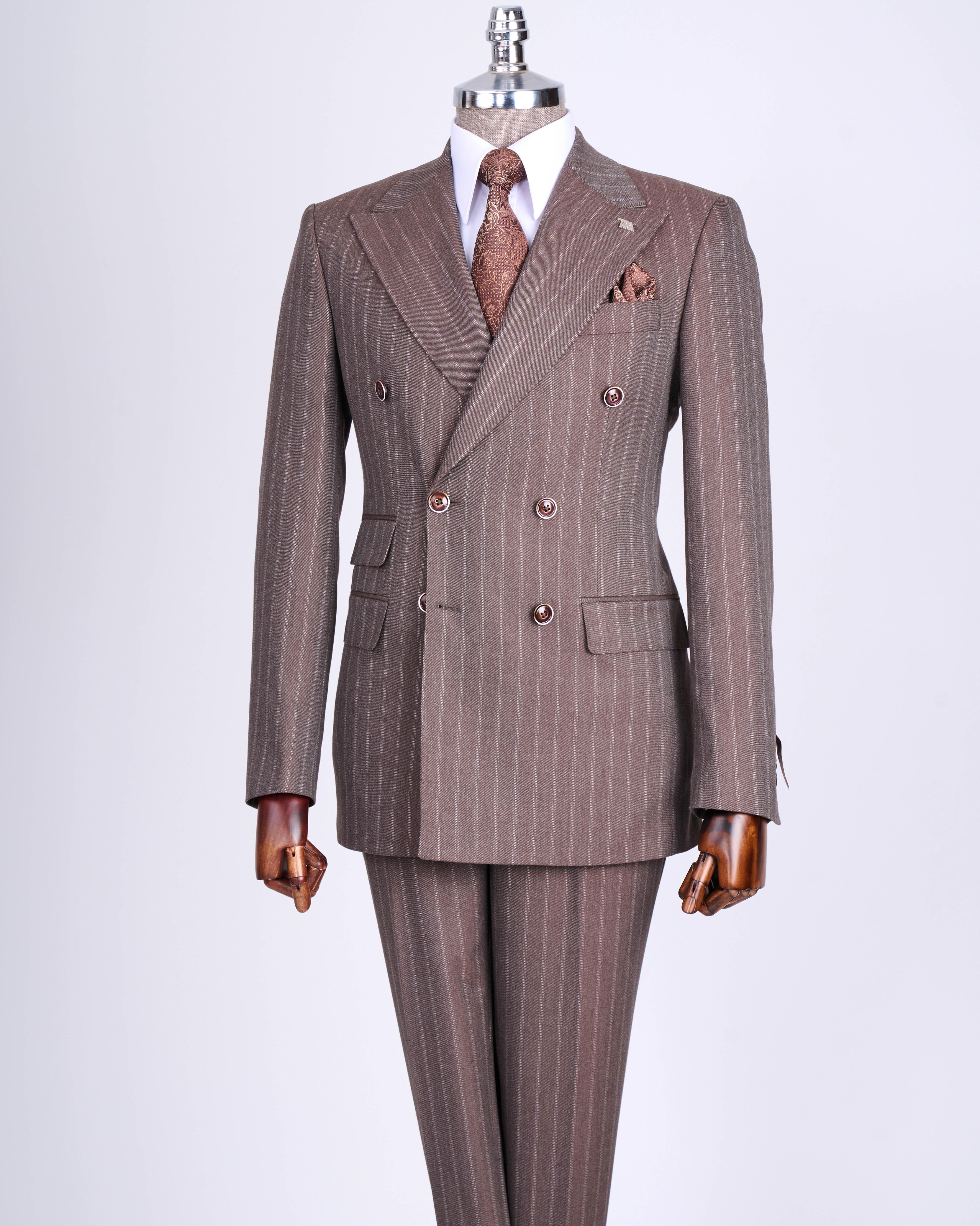 Brown Striped Double Breasted Suit 2-Piece