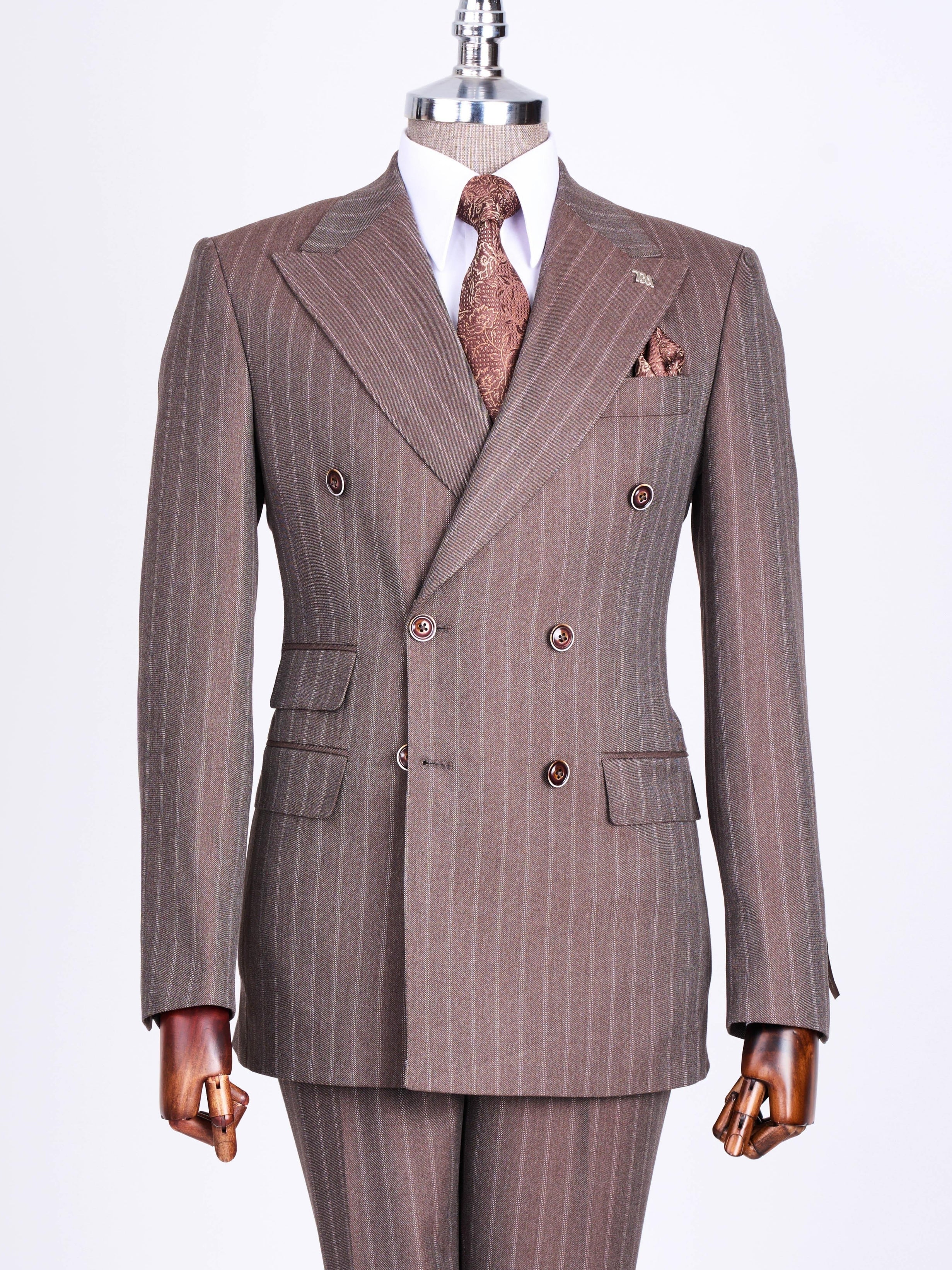 Brown Striped Double Breasted Suit 2-Piece