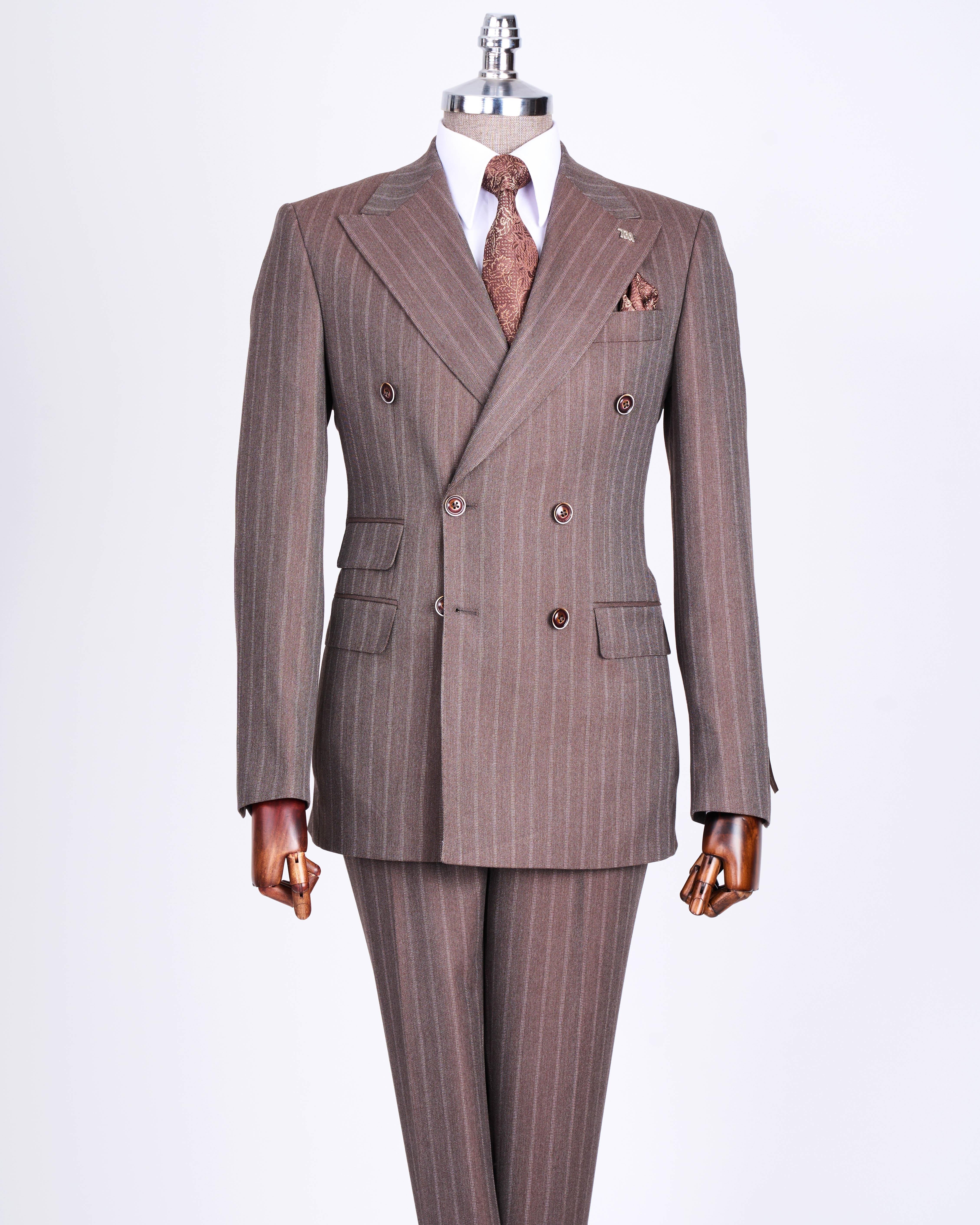 Brown Striped Double Breasted Suit 2-Piece