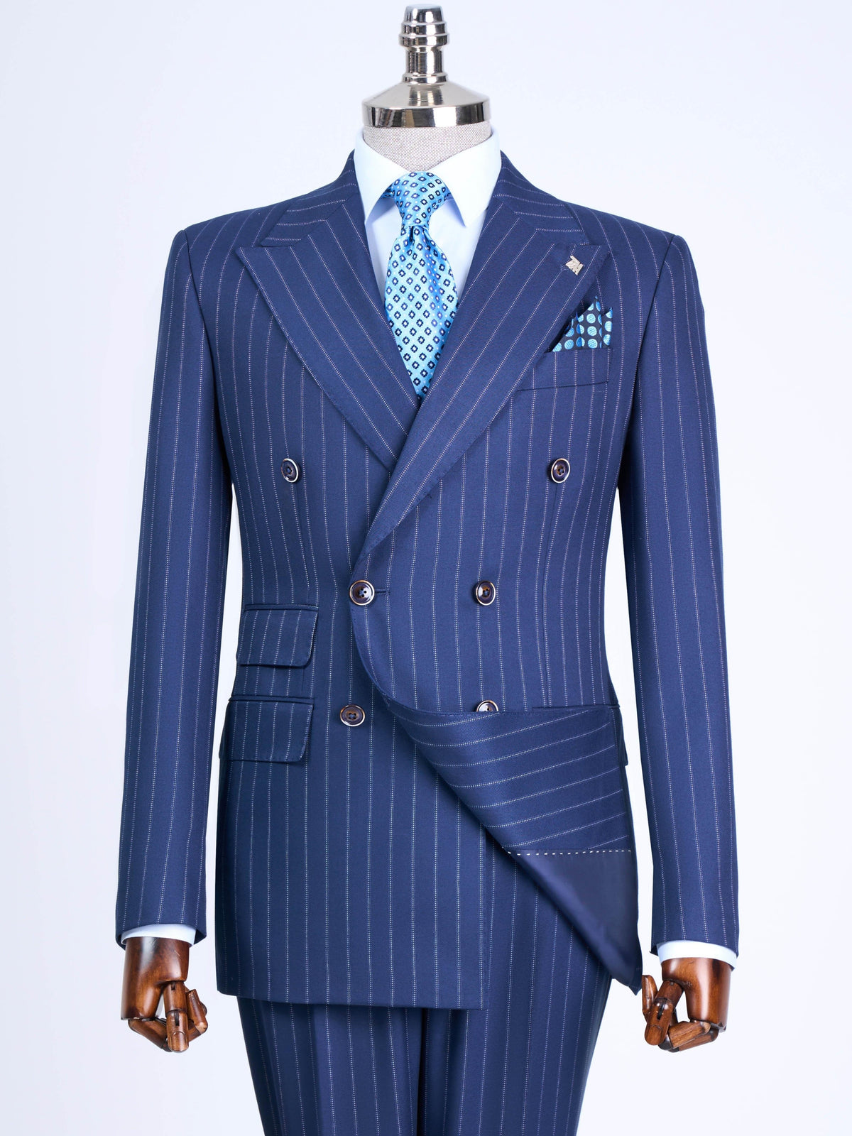 VIOSSI Navy Striped Double Breasted Suit 2-Piece front view - italian suit styles tuxedo double breasted menswear