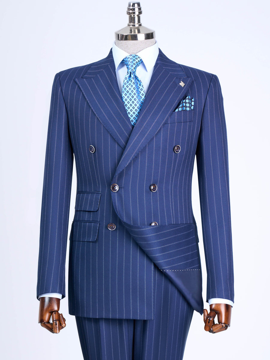 VIOSSI Navy Striped Double Breasted Suit 2-Piece front view - italian suit styles tuxedo double breasted menswear