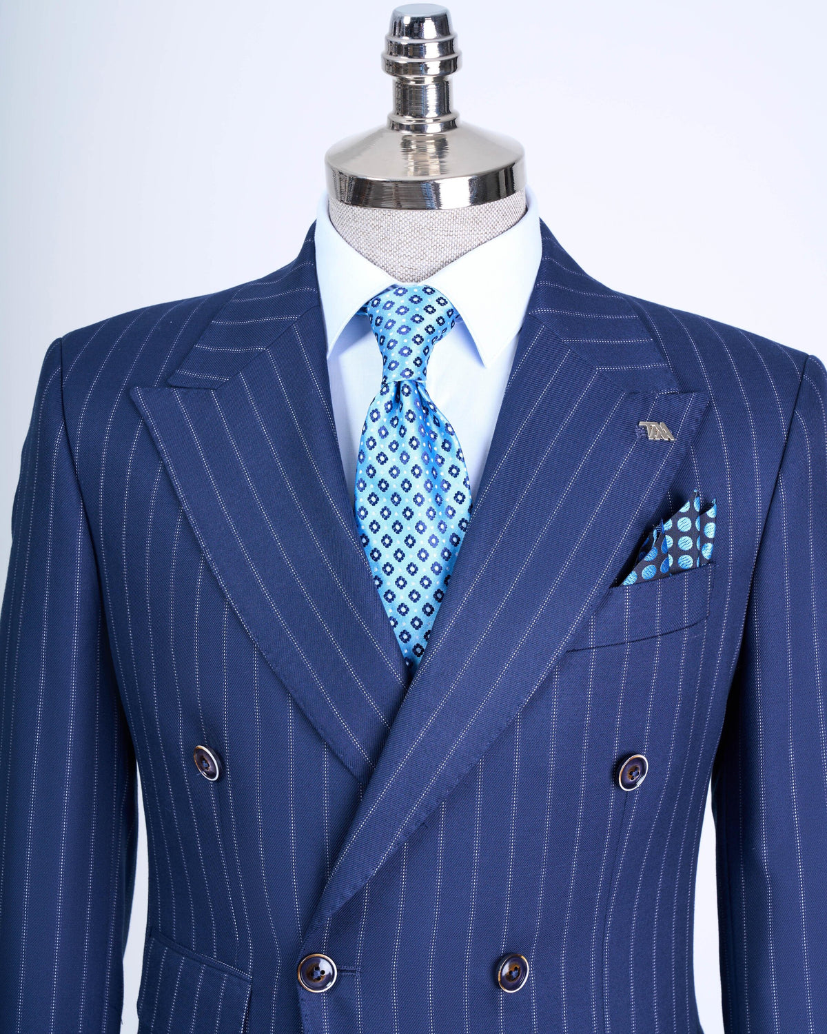 VIOSSI Navy Striped Double Breasted Suit 2-Piece front view - tuxedo double breasted italian suit styles menswear
