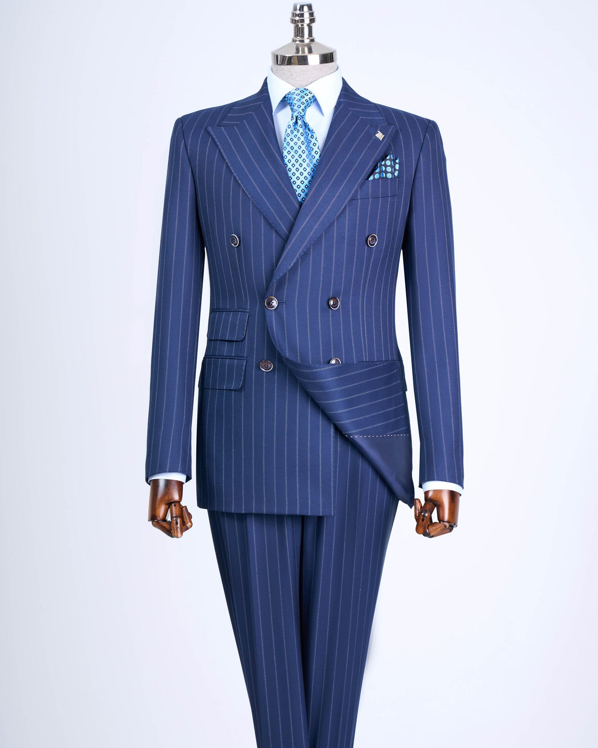 VIOSSI Navy Striped Double Breasted Suit 2-Piece front view - tuxedo double breasted italian suit styles menswear