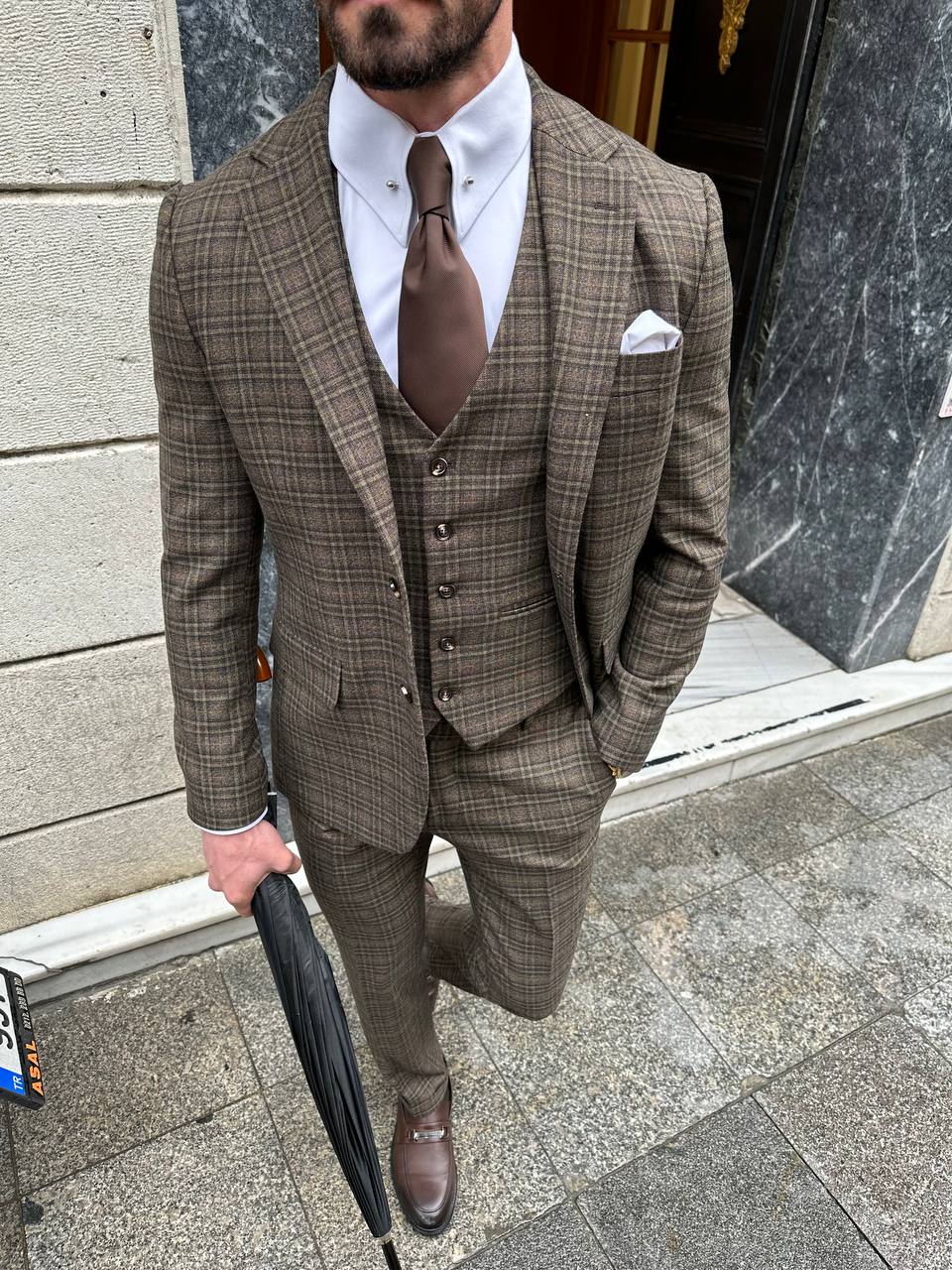 VIOSSI Brown Plaid Slim-Fit Suit 3-Piece full ensemble styled with accessories and italian suit styles flair