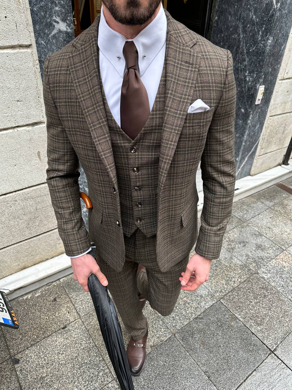 VIOSSI Brown Plaid Slim-Fit Suit 3-Piece button and pocket detail - light blue wedding suit substitute option