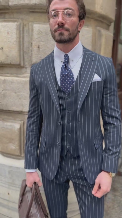 Navy Striped Slim-Fit Suit 3-Piece