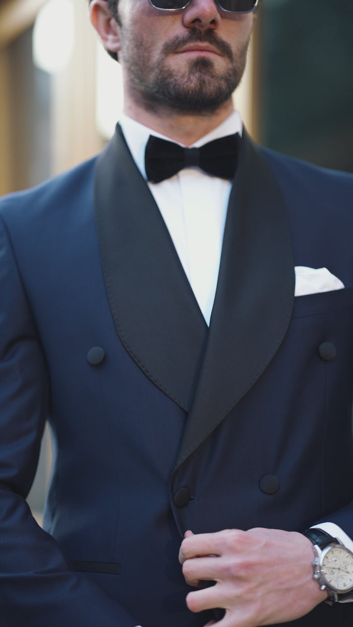 Modern Fit 2 Piece Double Breasted Tuxedo Adjustable Waistband with Oversized Bow Tie Navy TMDB-1 main image 1