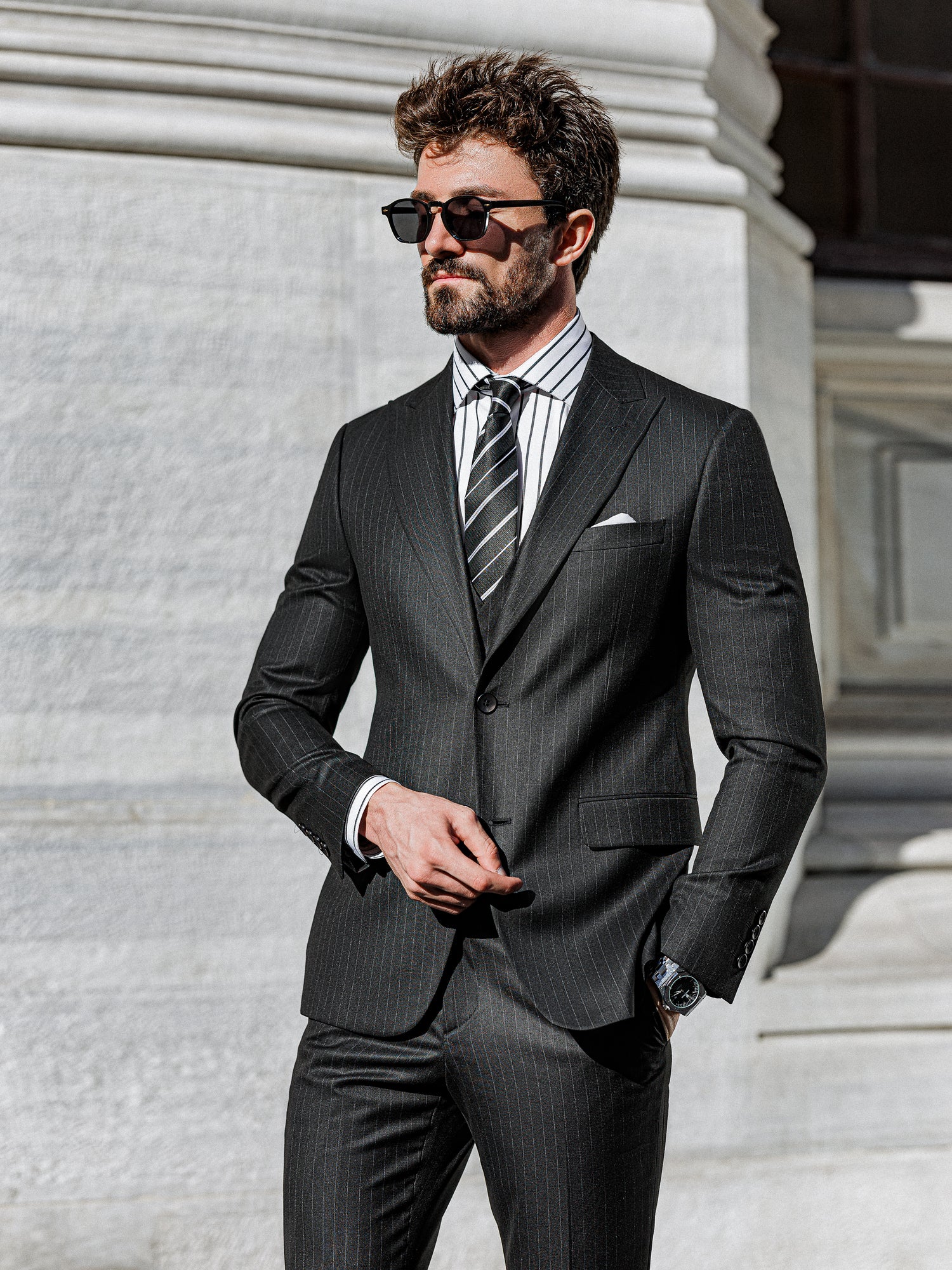 Black Striped Slim-Fit Suit 3-Piece