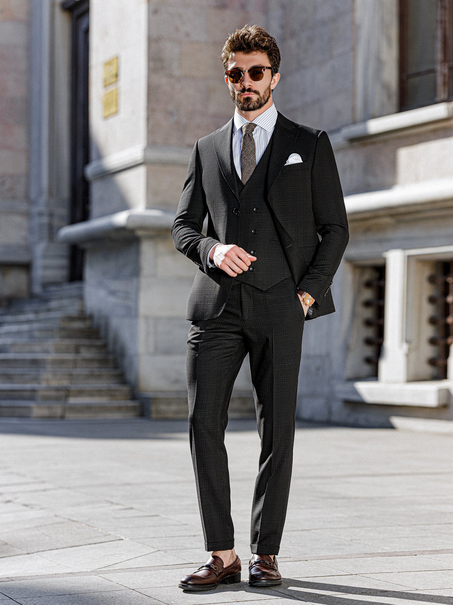 Black Plaid Slim-Fit Suit 3-Piece