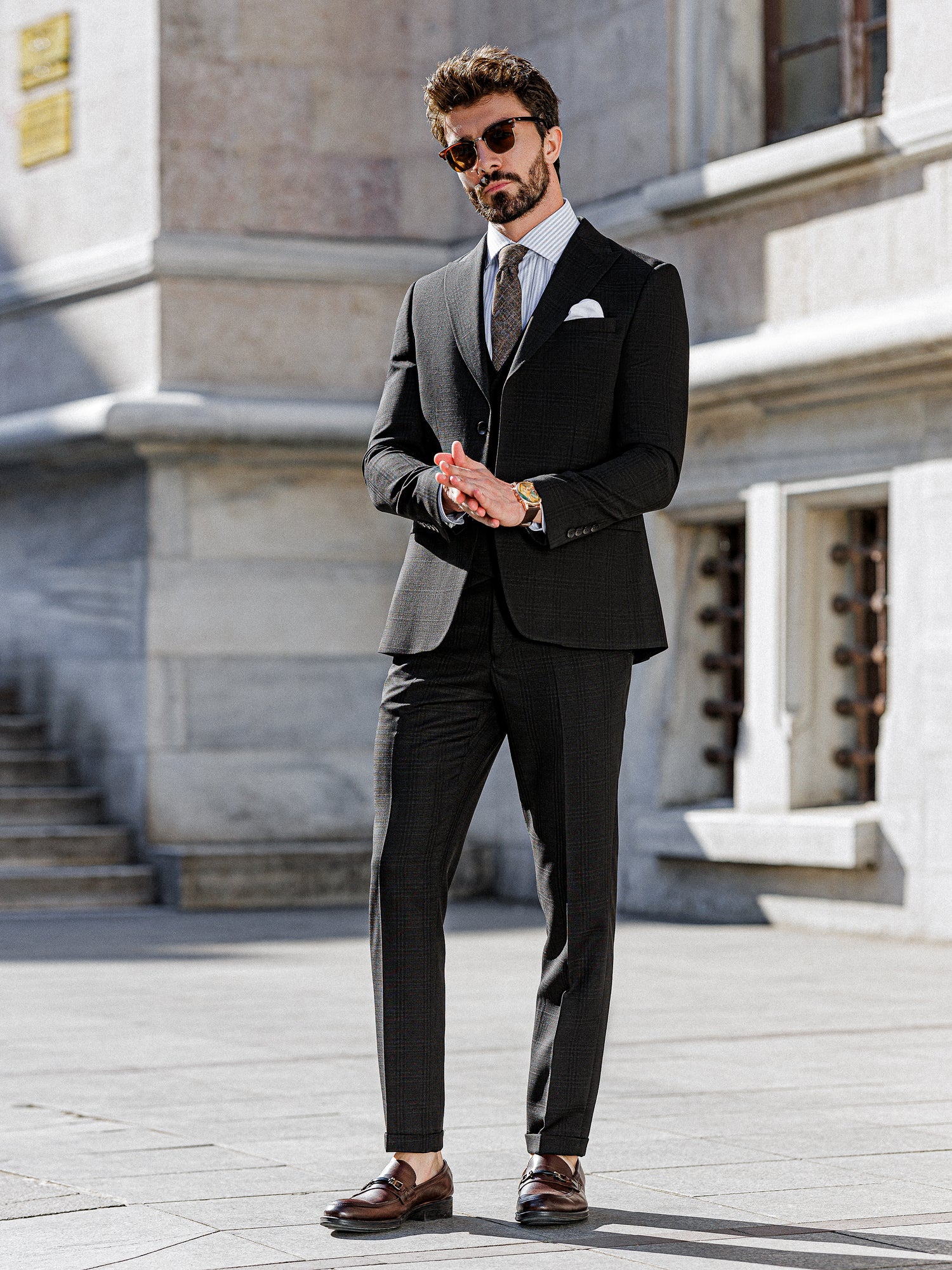 Black Plaid Slim-Fit Suit 3-Piece