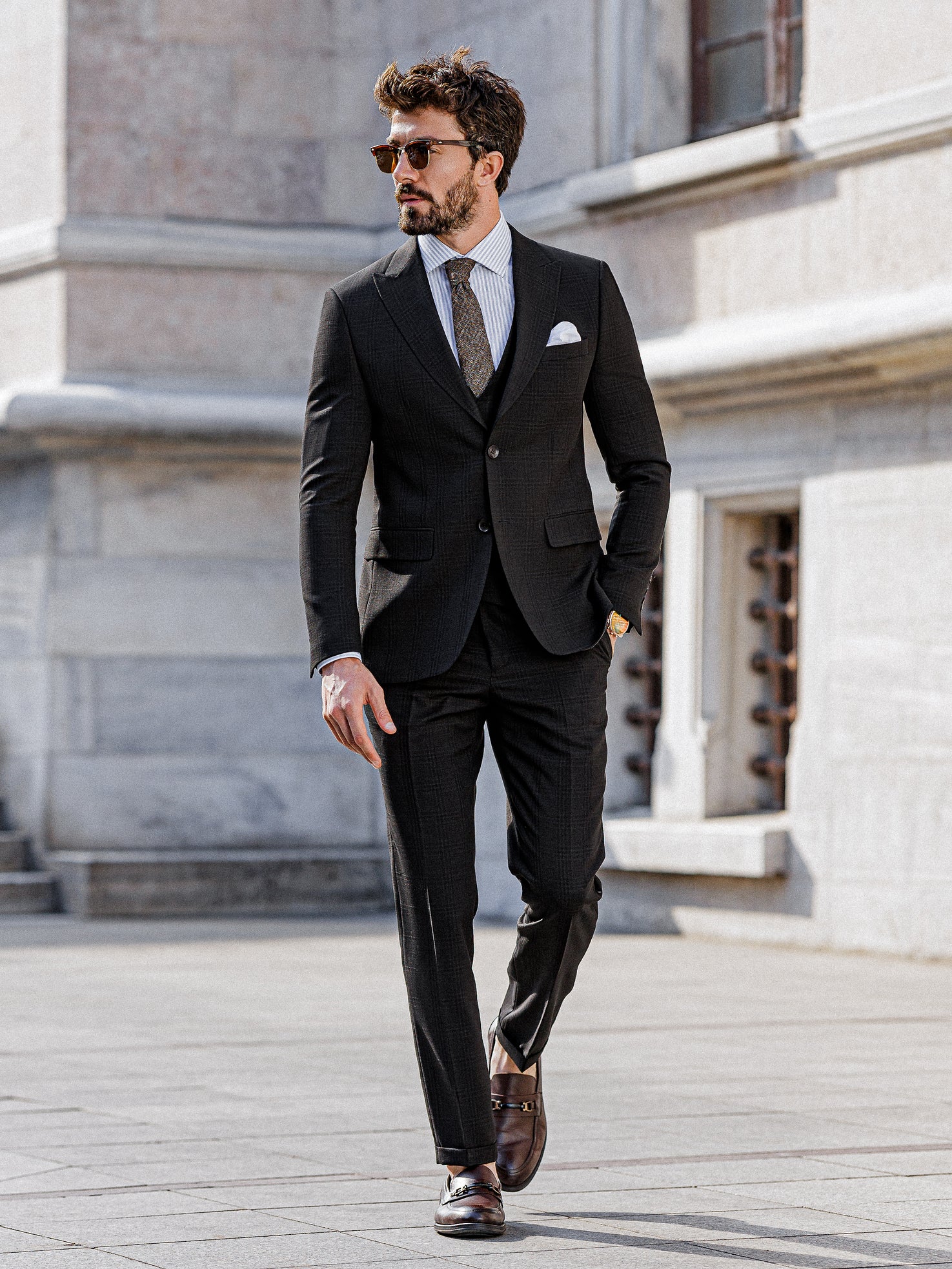 Black Plaid Slim-Fit Suit 3-Piece