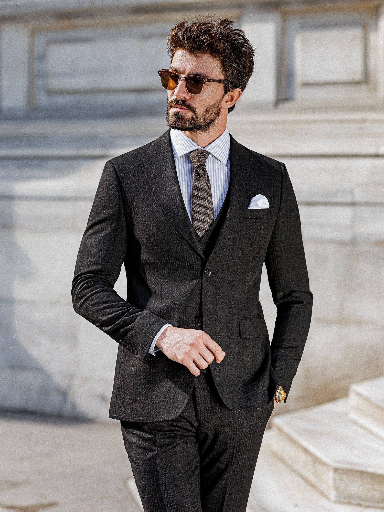 Black Plaid Slim-Fit Suit 3-Piece