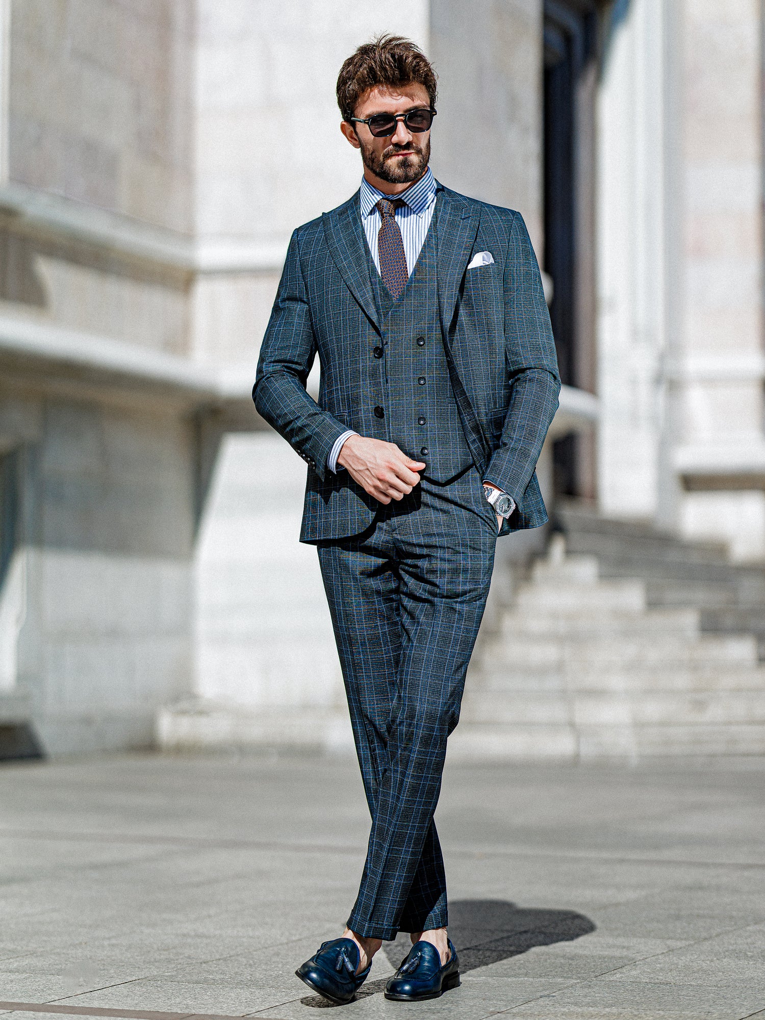 Blue Plaid Slim-Fit Suit 3-Piece