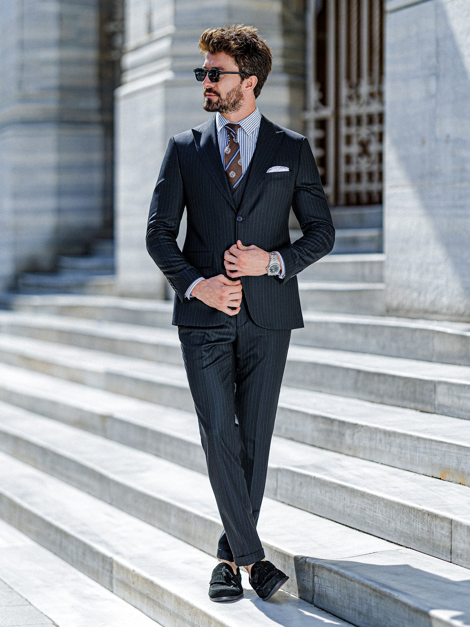 Navy Striped Slim-Fit Suit 3-Piece