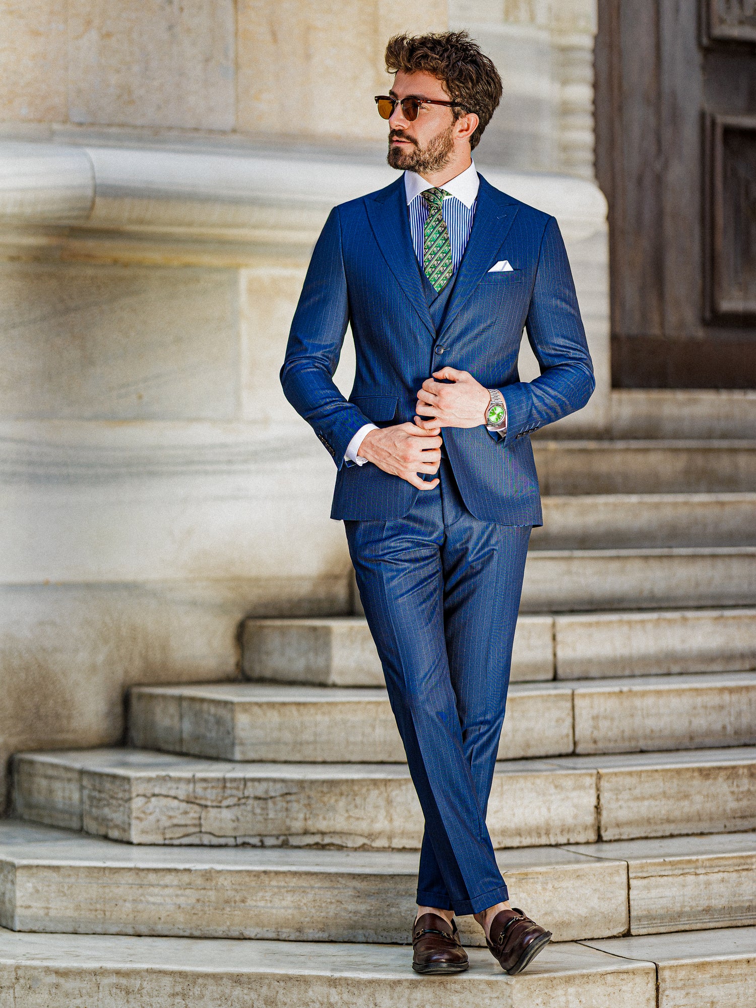 Blue Striped Slim-Fit Suit 3-Piece
