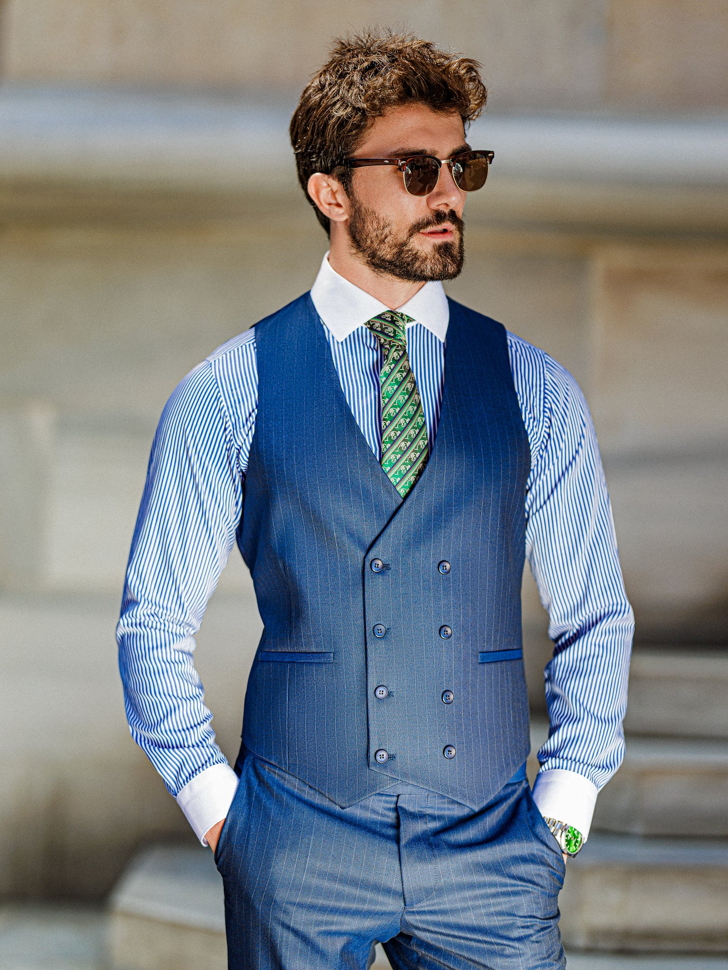 Blue Striped Slim-Fit Suit 3-Piece