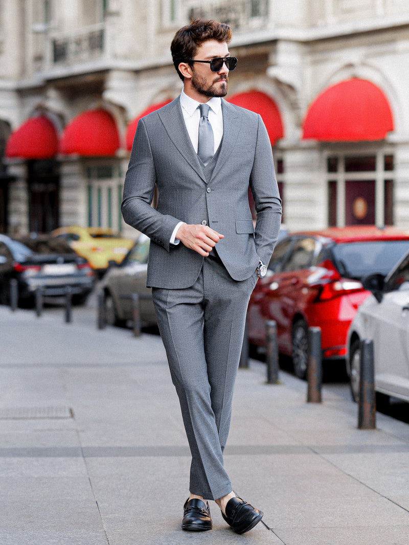 Grey Striped Slim-Fit Suit 3-Piece