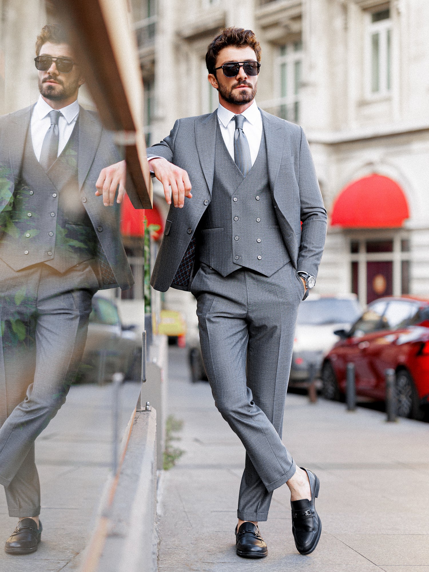 Grey Striped Slim-Fit Suit 3-Piece