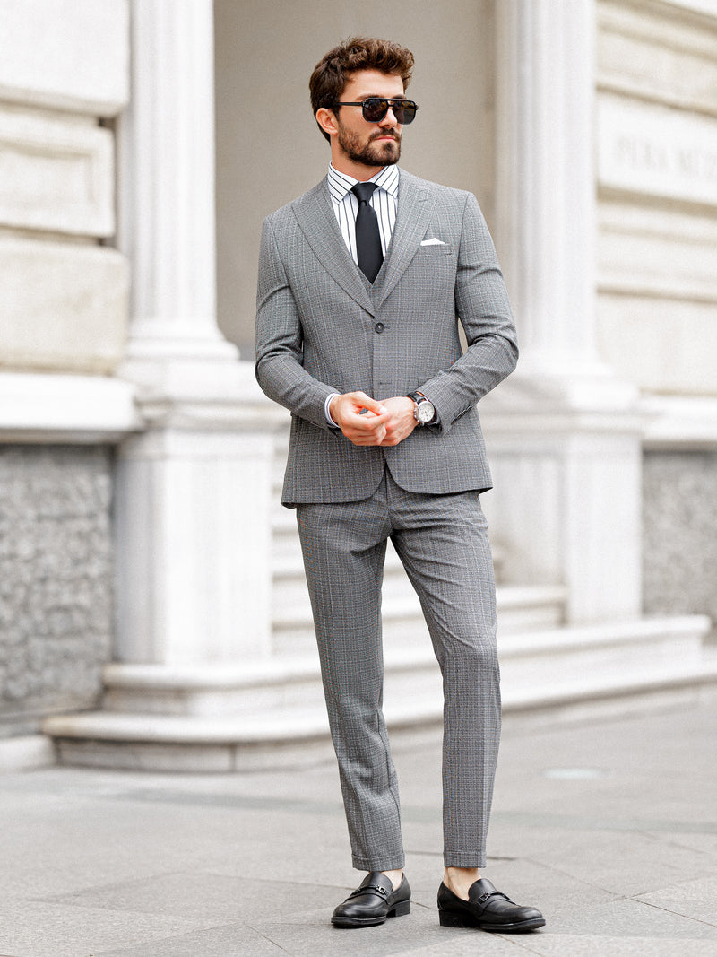 Grey Plaid Slim-Fit Suit 3-Piece