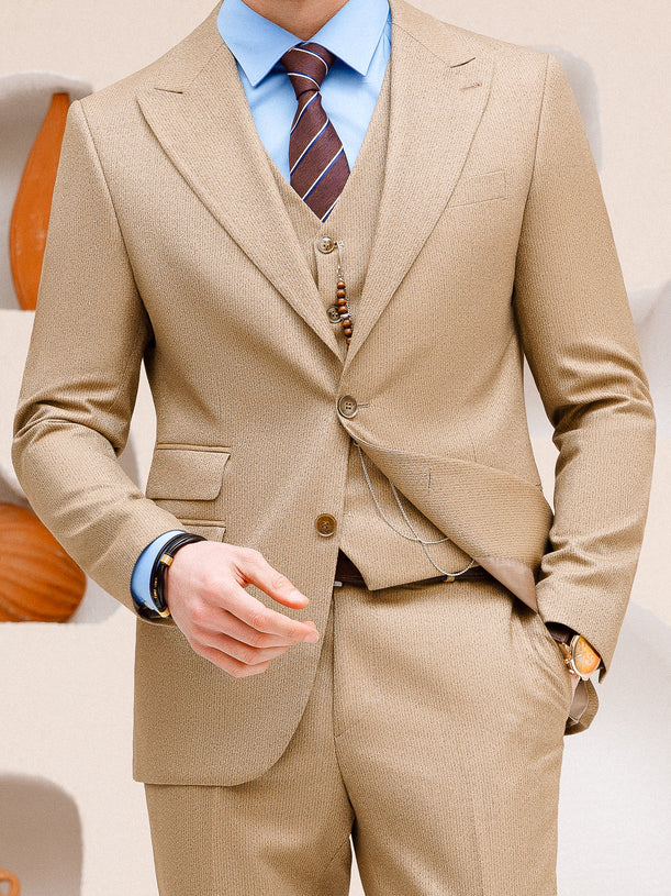 Beige Striped Slim-Fit Suit 3-Piece