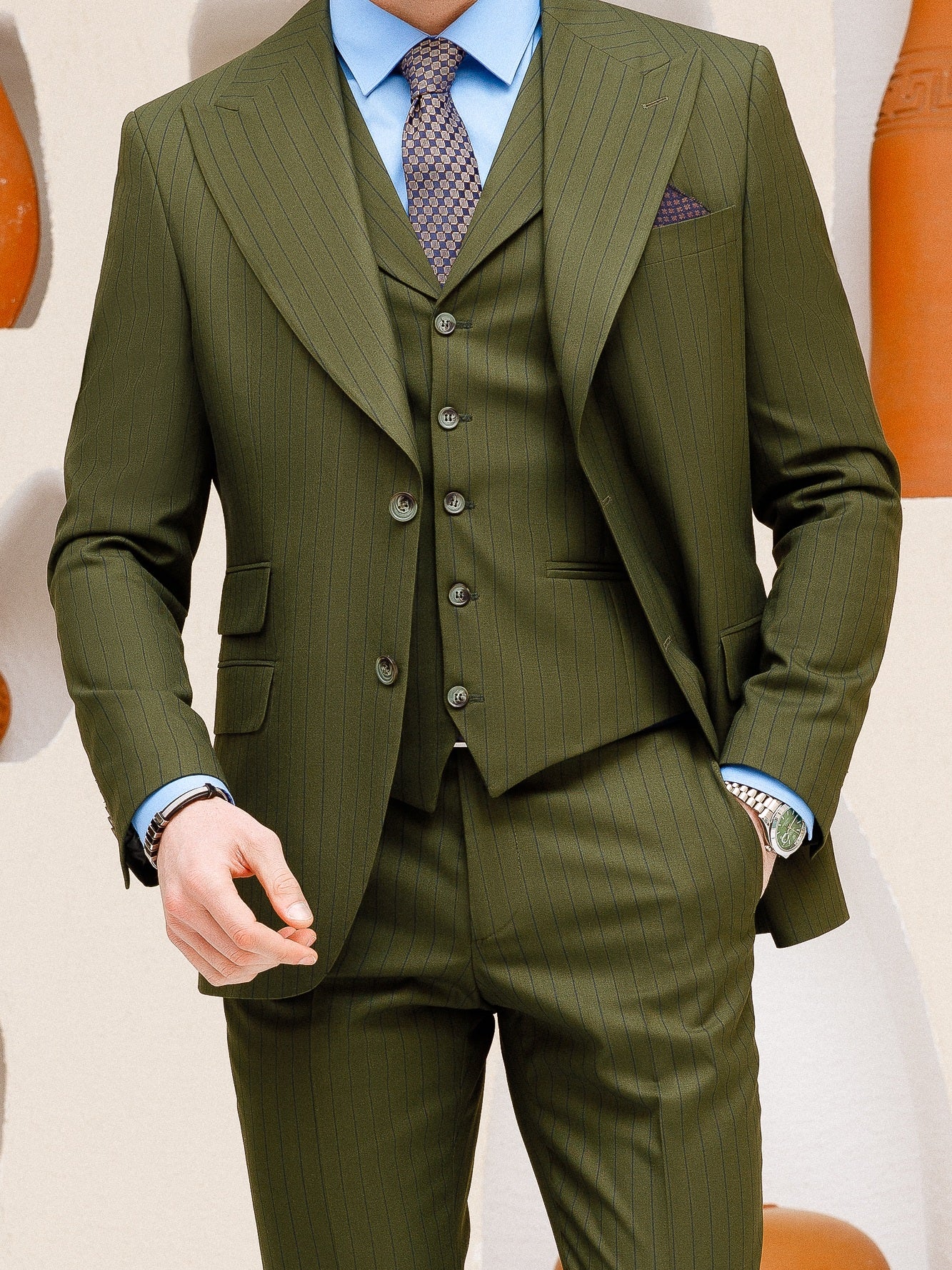 Khaki Striped Slim-Fit Suit 3-Piece