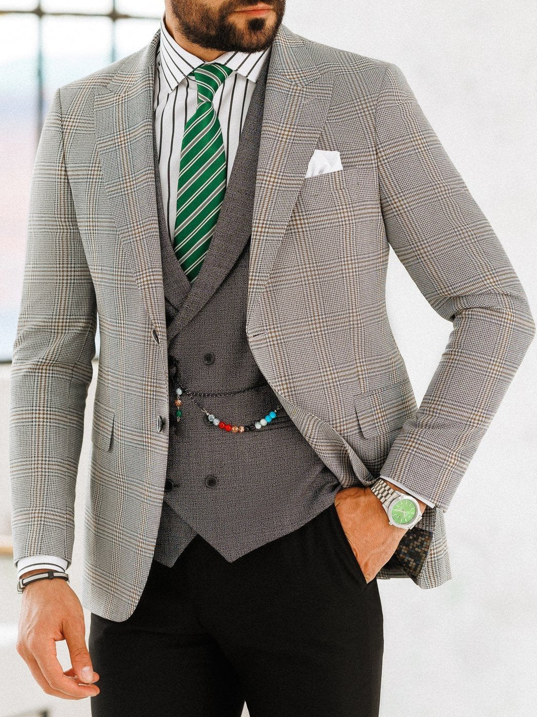 Grey Plaid Slim-Fit Suit 3-Piece