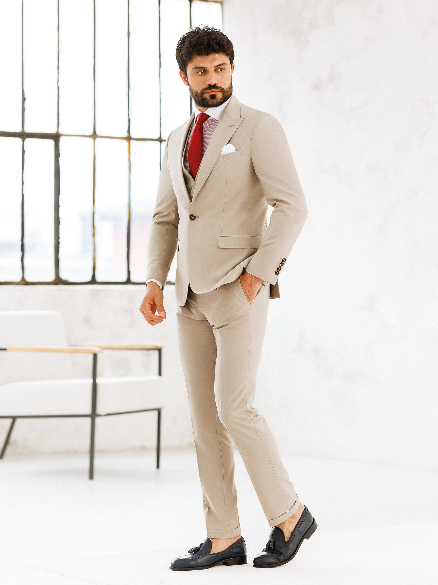 Beige Slim-Fit Suit 3-Piece