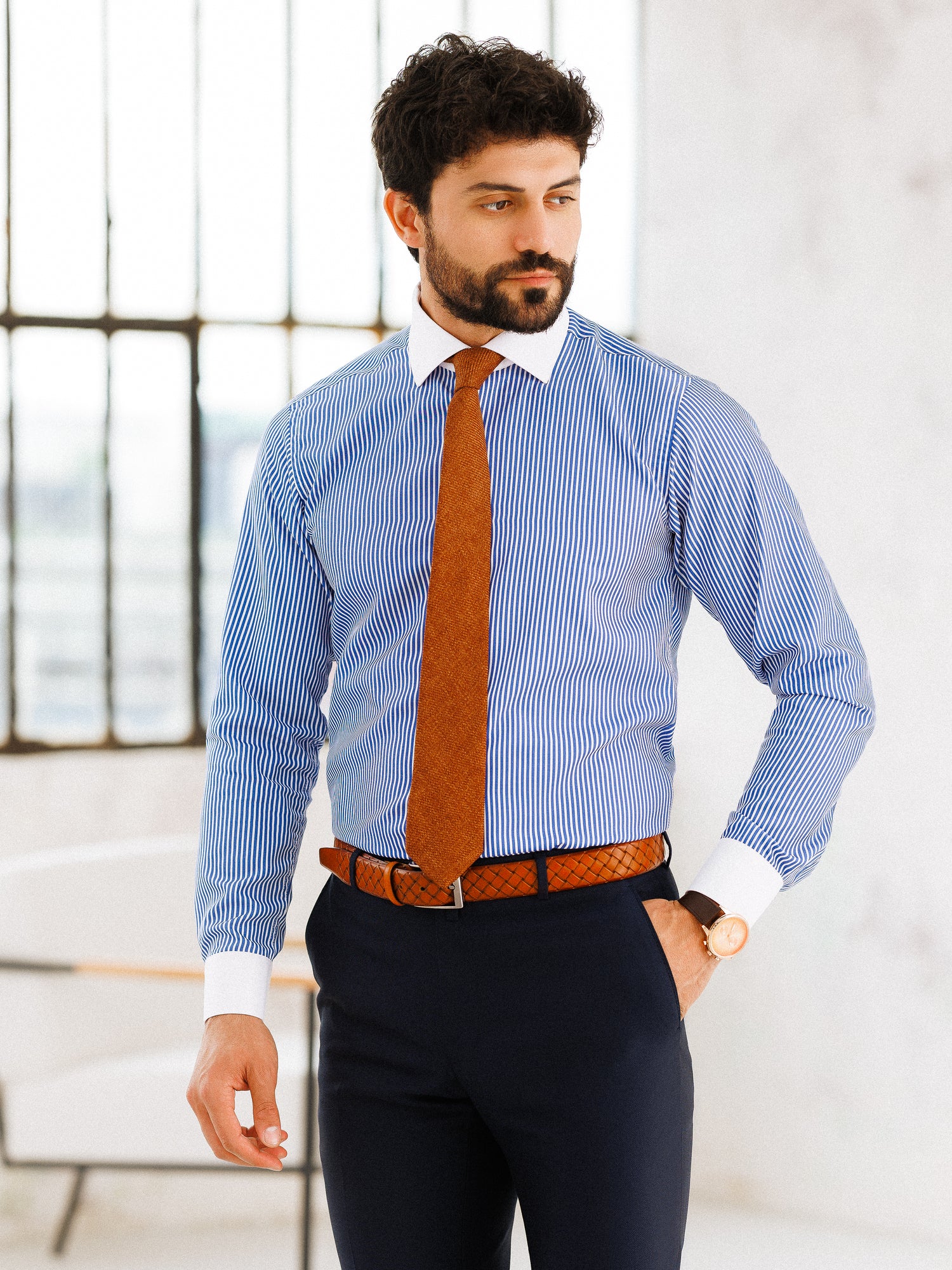 Blue Striped White Collar Shirt