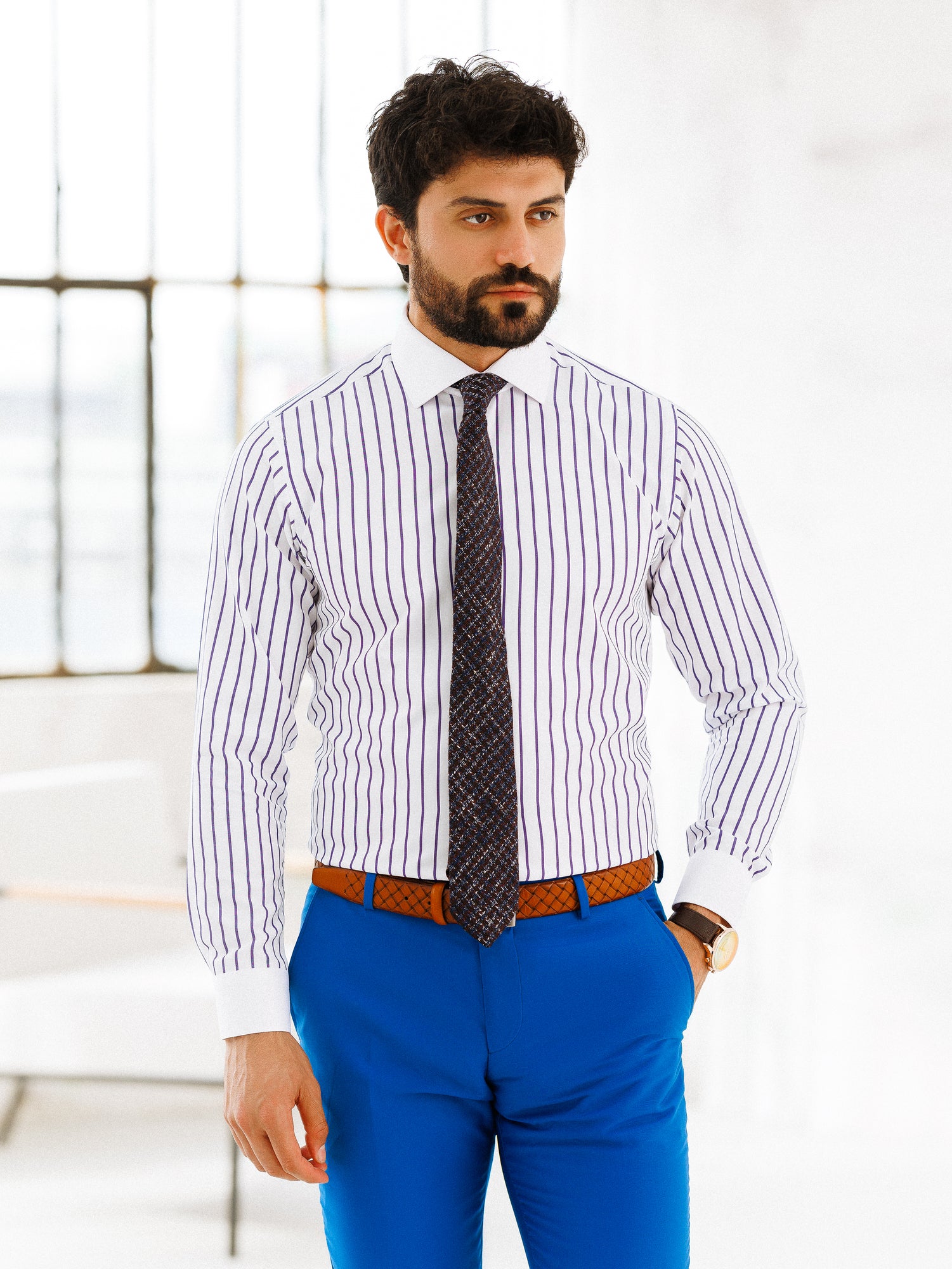 White-Purple Striped White Collar Shirt