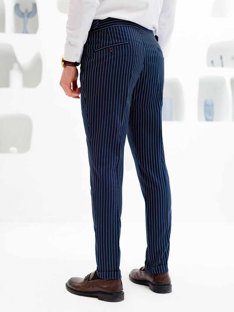 Navy Striped High Waist Slim-Fit Pants