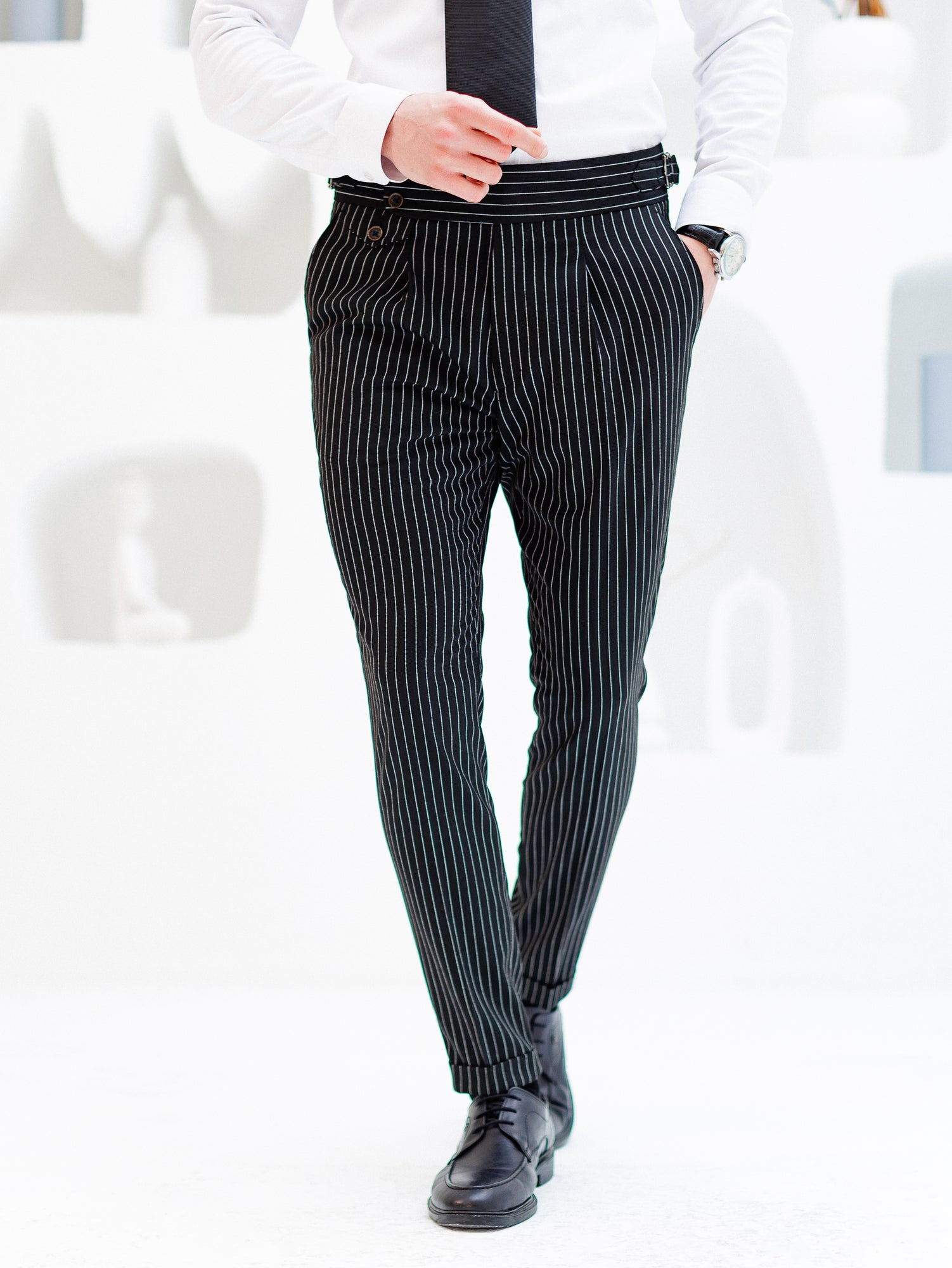 Black Striped High Waist Slim-Fit Pants