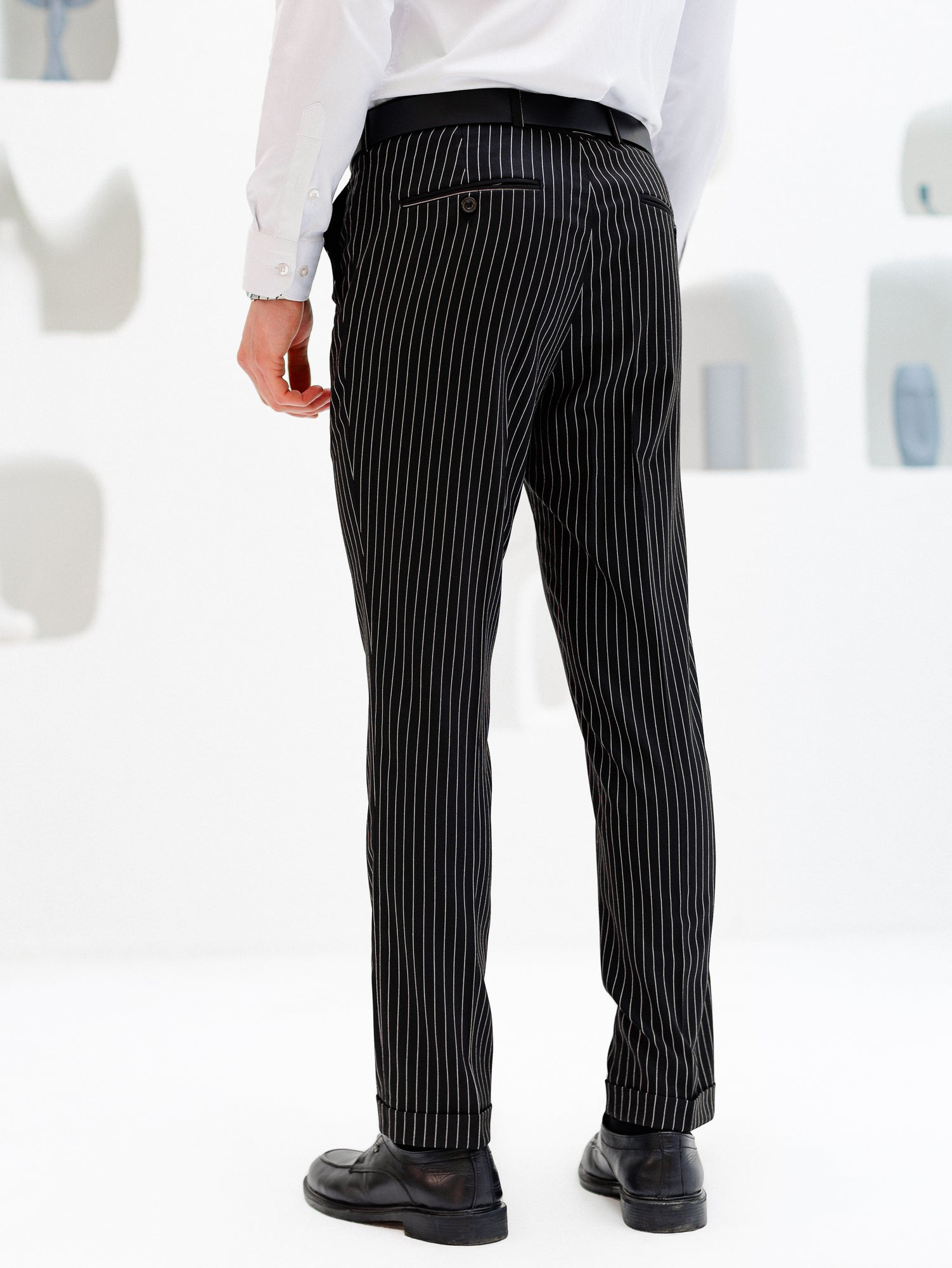 Black Striped Mid Waist Slim-Fit Pants