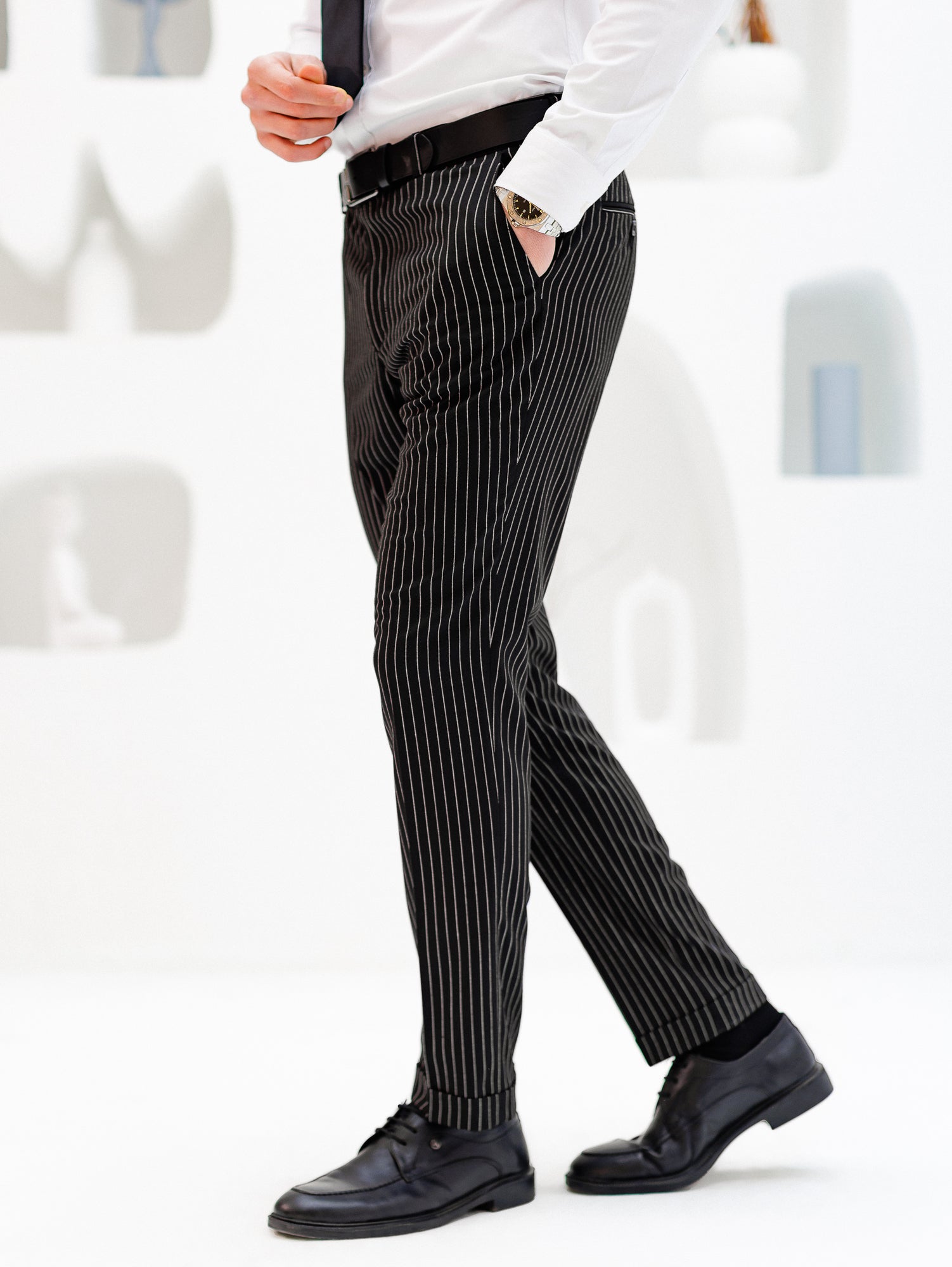 Black Striped Mid Waist Slim-Fit Pants