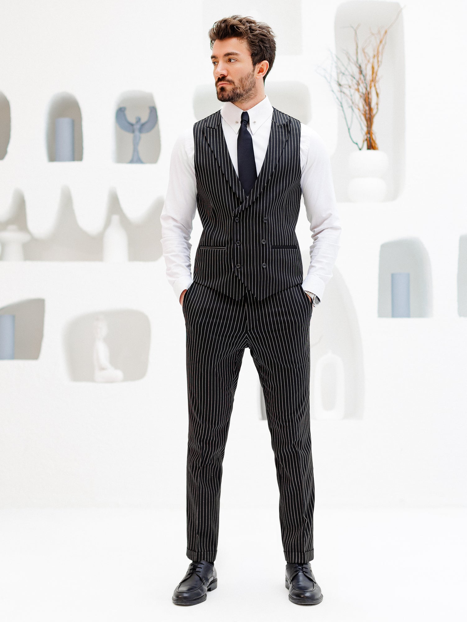 Black Striped Slim-Fit Suit 3-Piece