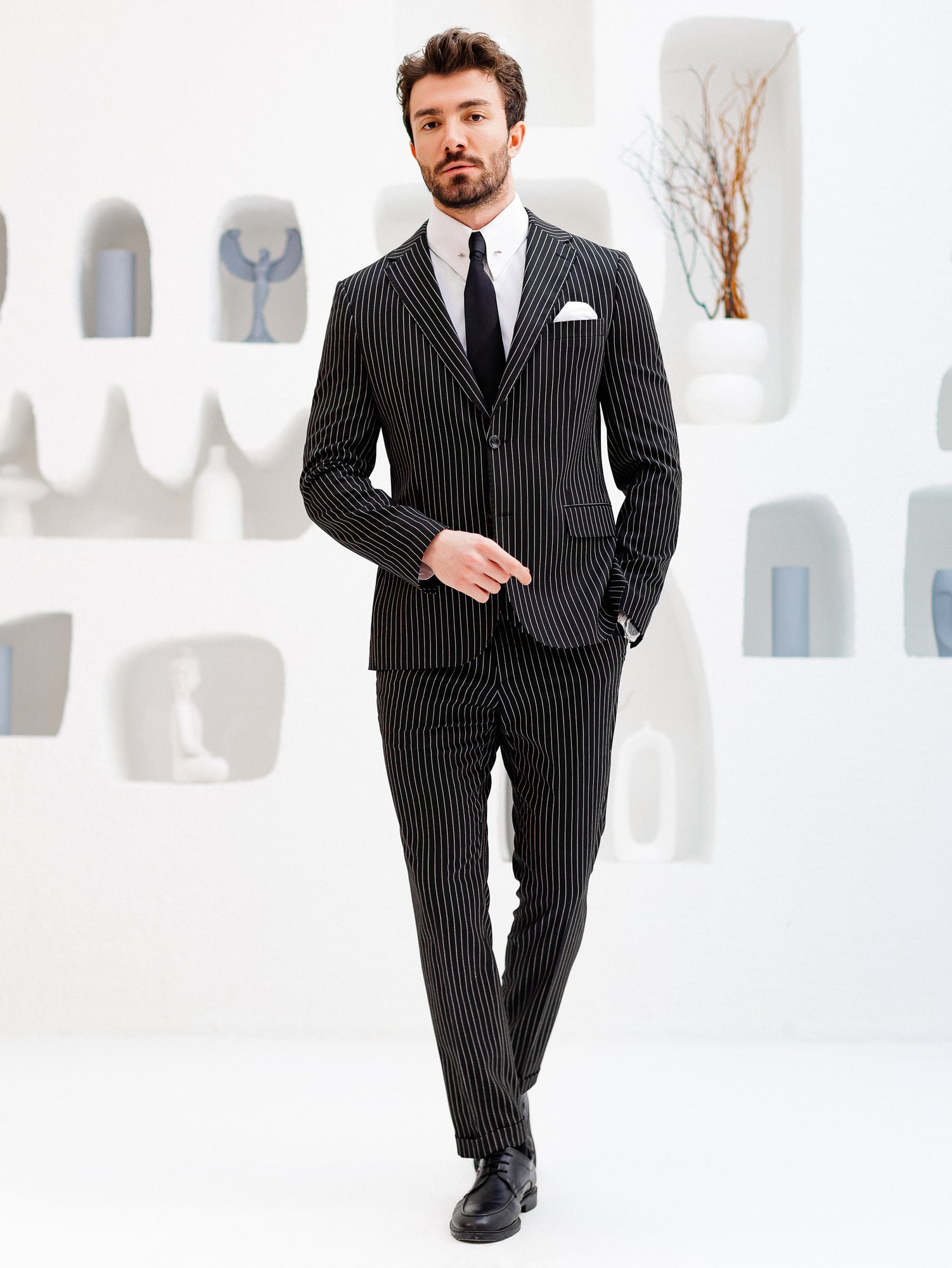 Black Striped Slim-Fit Suit 3-Piece