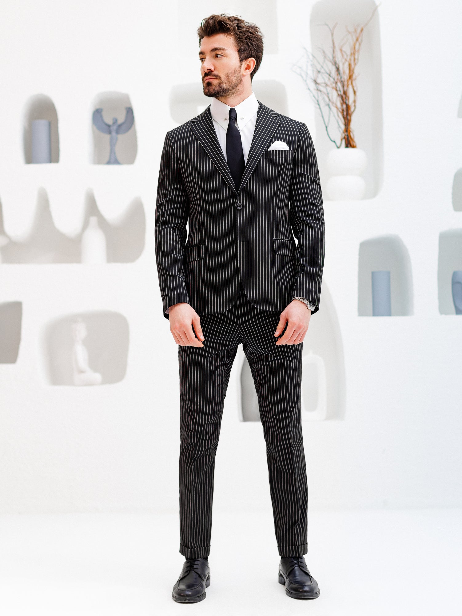 Black Striped Slim-Fit Suit 3-Piece