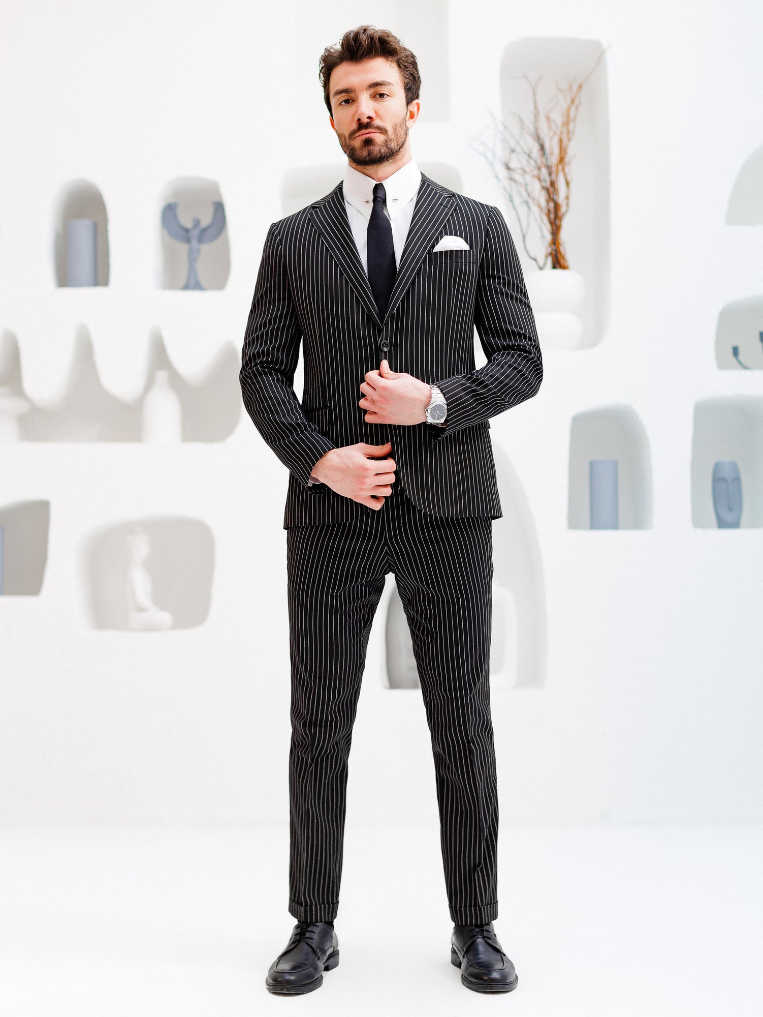 Black Striped Slim-Fit Suit 3-Piece