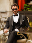 (42L) Gray Slim Fit Tuxedo 3 Piece with Satin Shawl Collar Vest