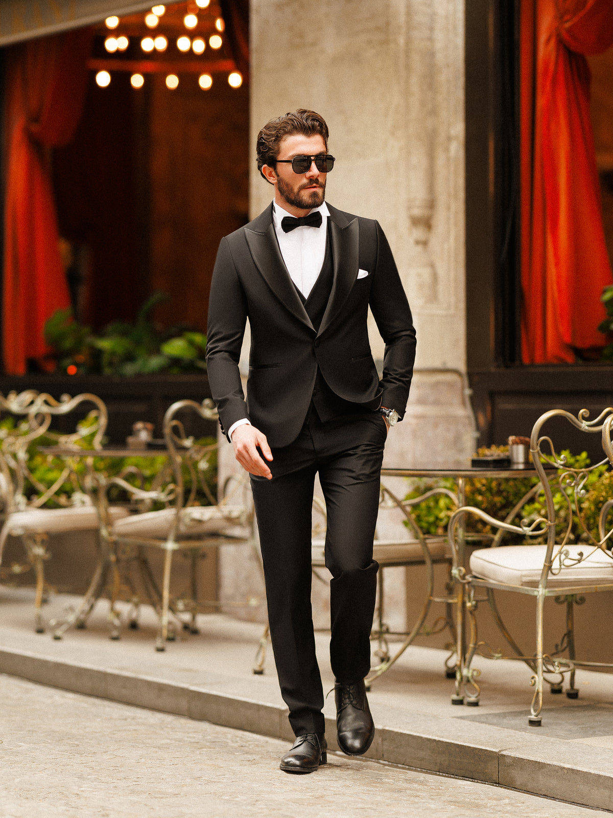 VIOSSI double breasted tuxedo vest detail showing black formal waistcoat with matching jacket and trousers