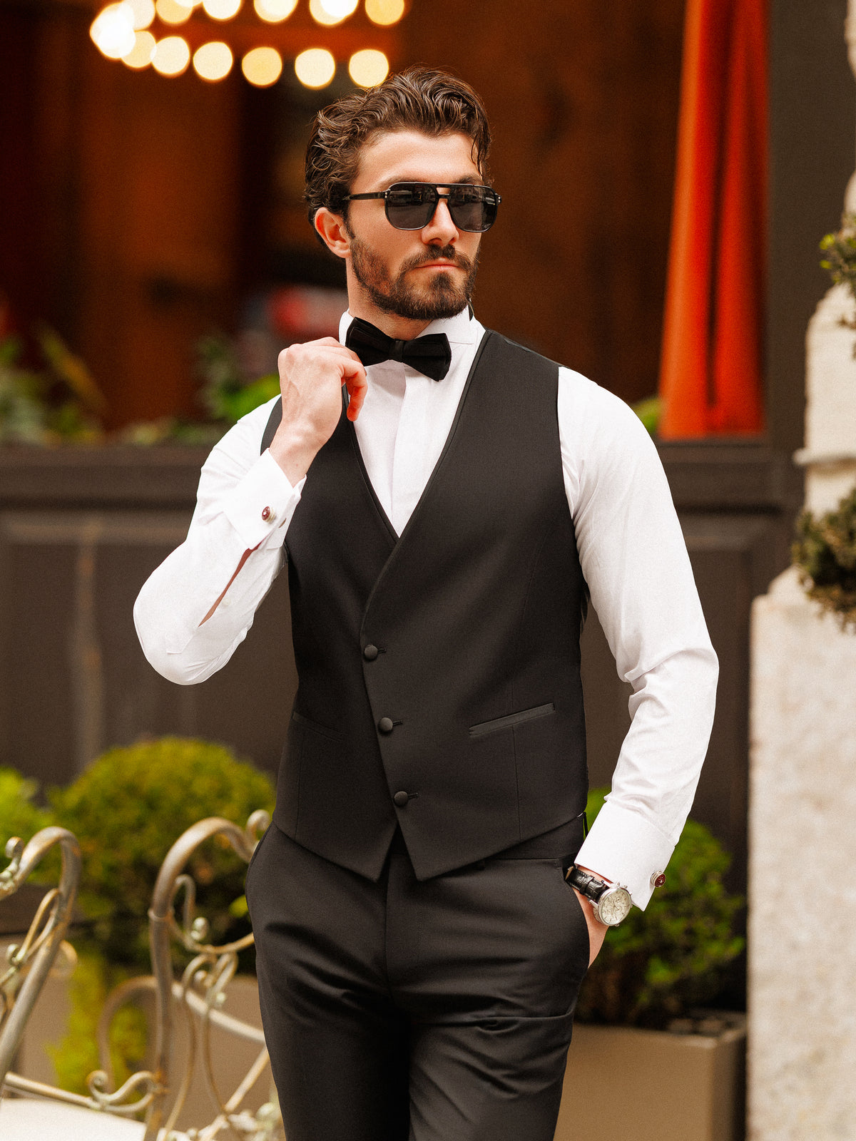 VIOSSI black slim-fit double breasted tuxedo side profile view showcasing tailored fit and formal silhouette