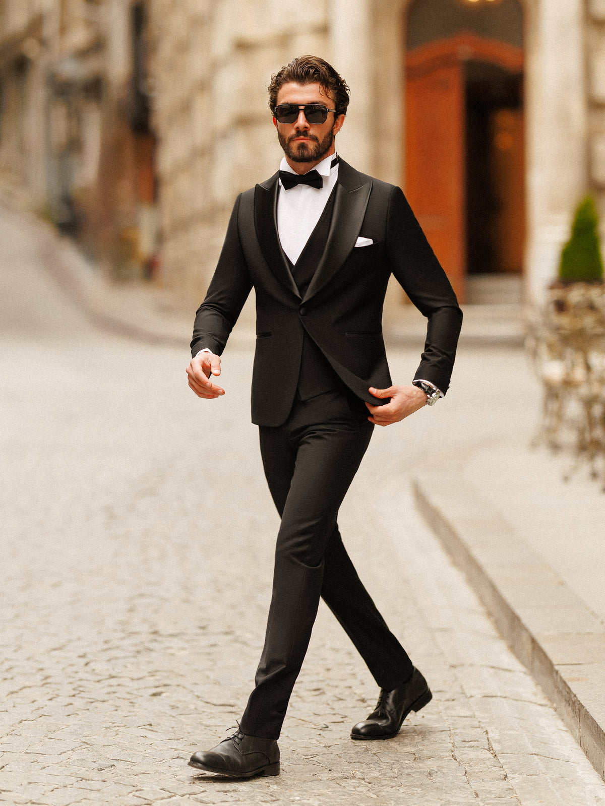 VIOSSI black tuxedo double breasted full ensemble styled with formal accessories
