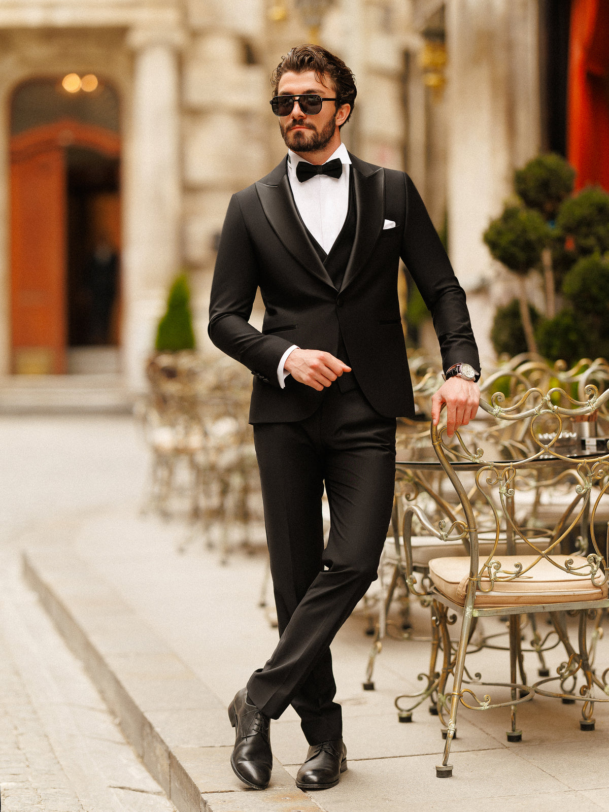 VIOSSI black slim-fit double breasted tuxedo 3-piece suit front view - formal menswear with jacket, vest & pants