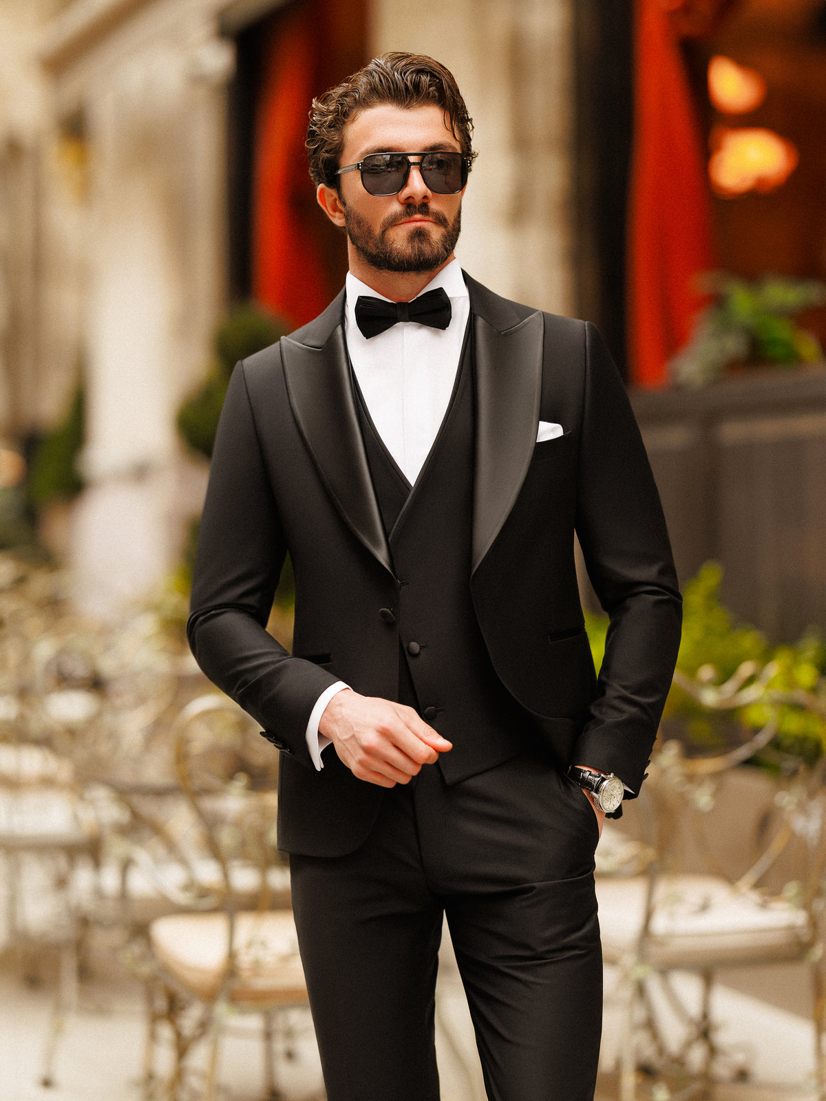 VIOSSI black tuxedo double breasted suit texture and fabric close-up highlighting formal wear quality materials