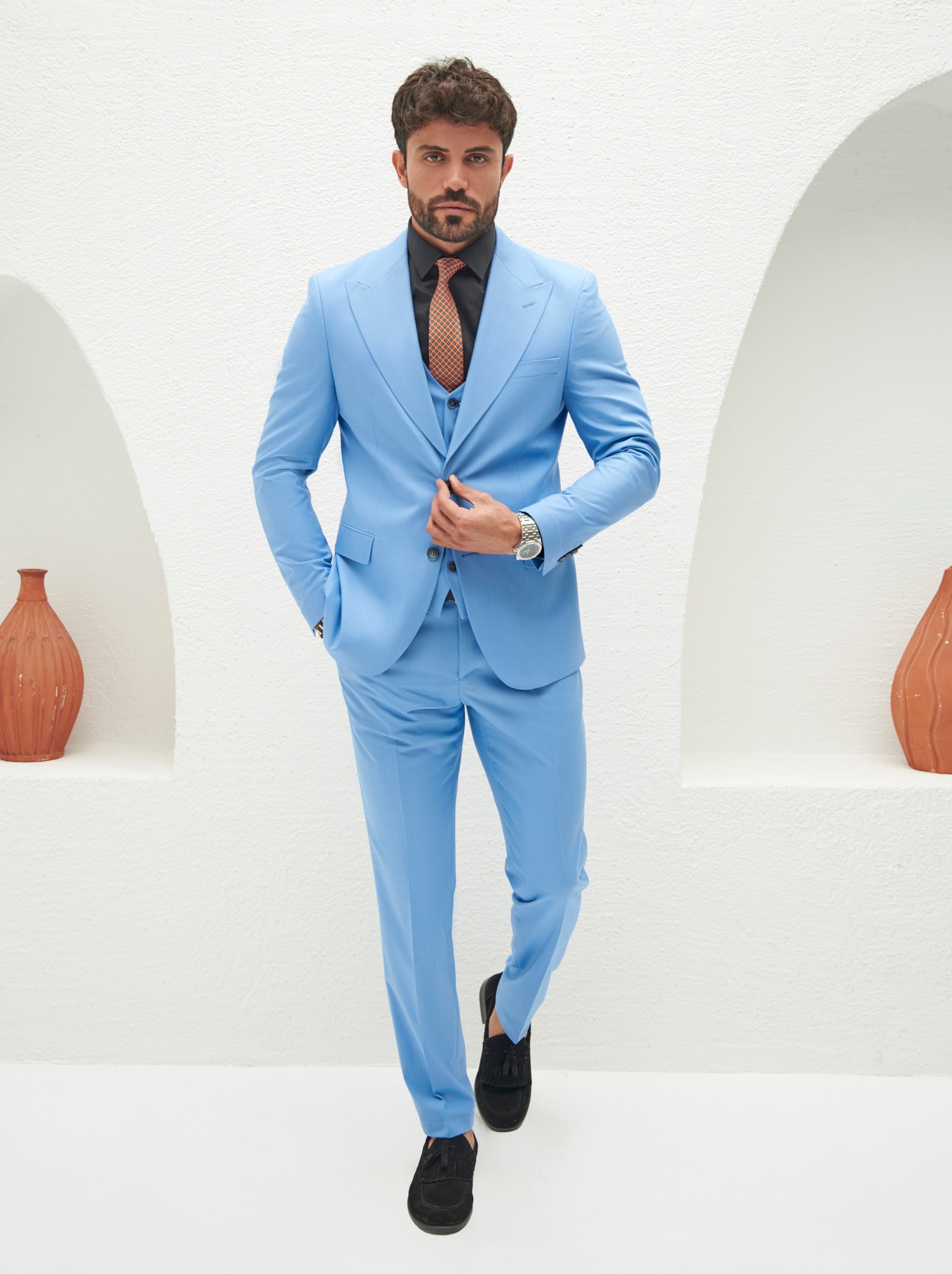 Sky-Blue Slim-Fit Suit 3-Piece