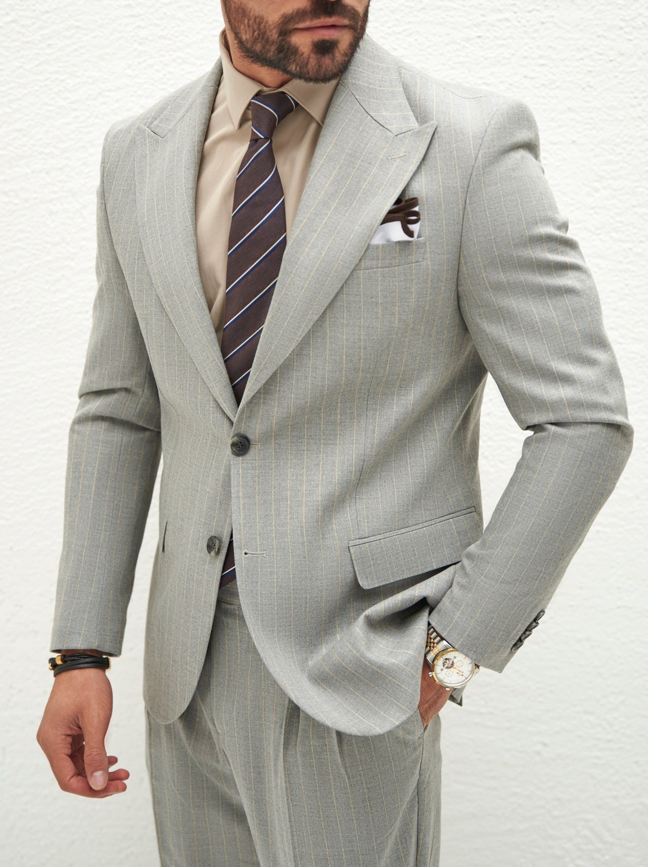 Grey Striped Slim-Fit Suit 2-Piece
