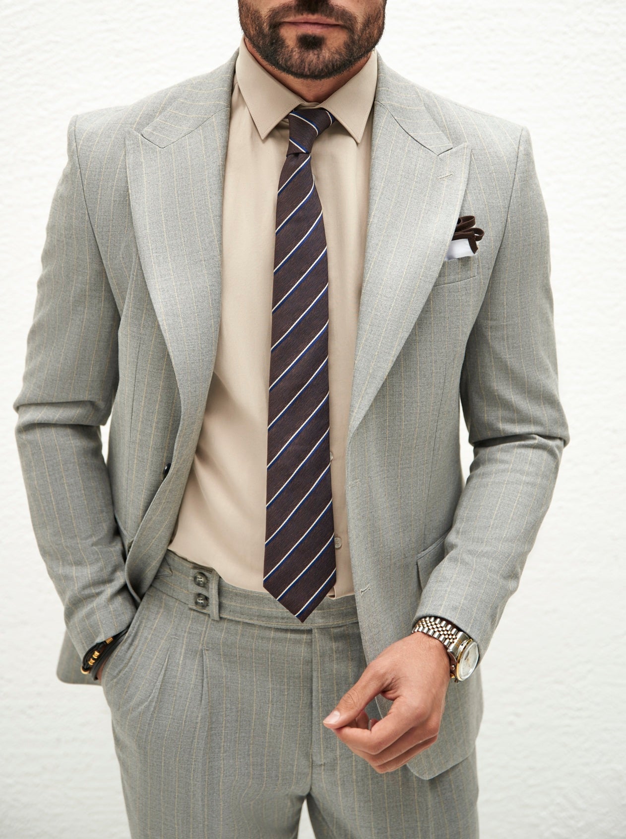 Grey Striped Slim-Fit Suit 2-Piece