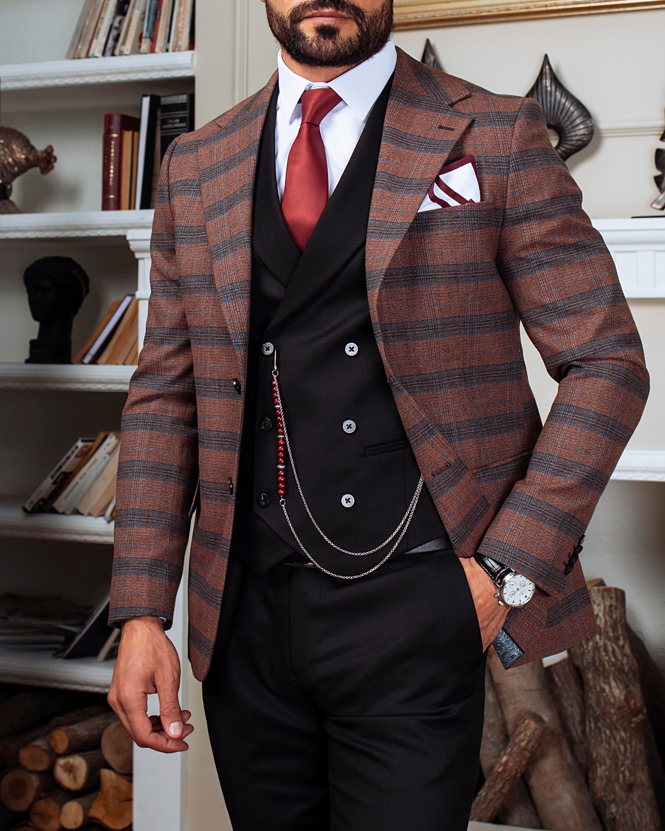 Brown Plaid Slim-Fit Suit 3-Piece