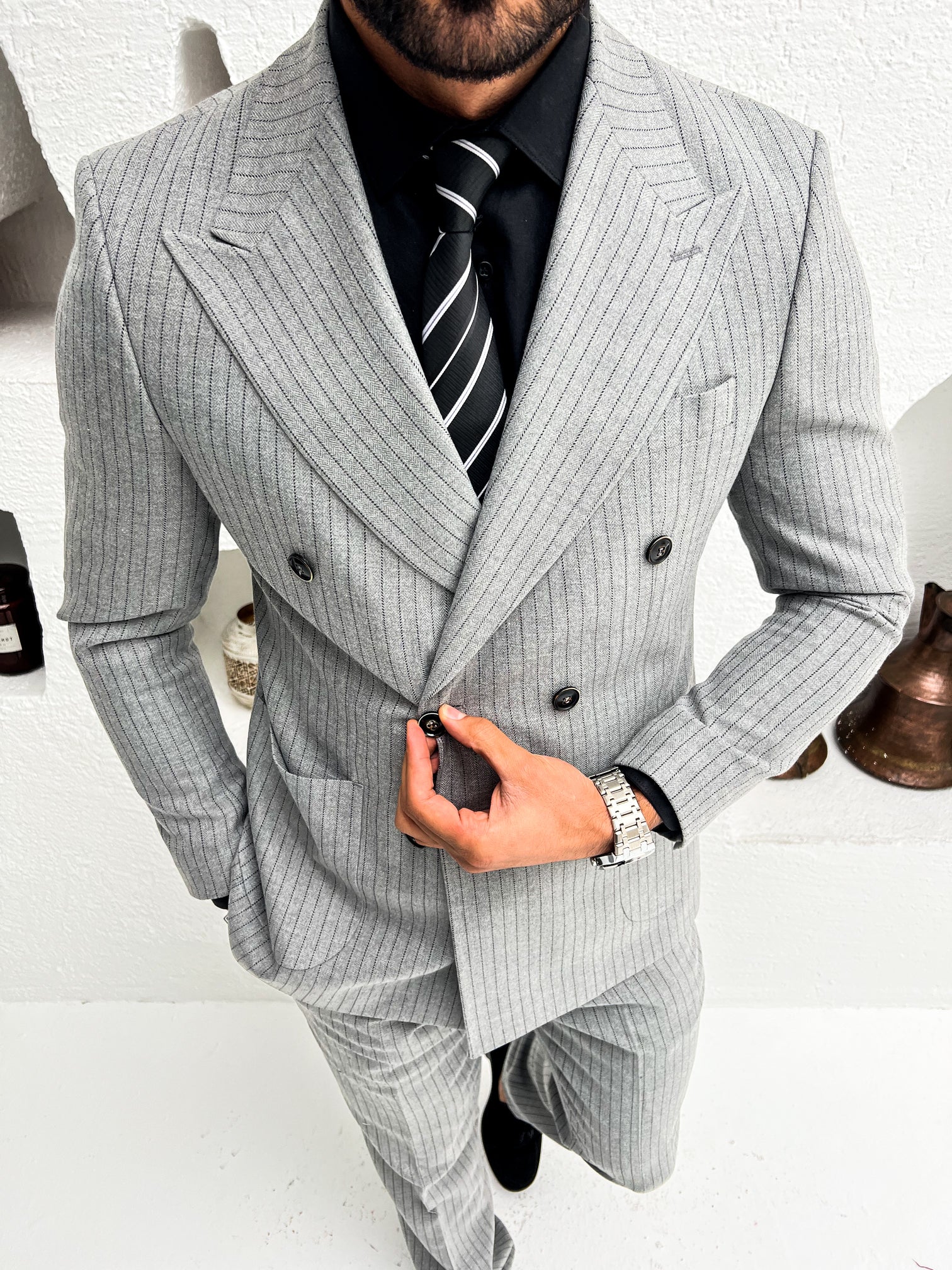 Grey Striped Double Breasted Suit 2-Piece