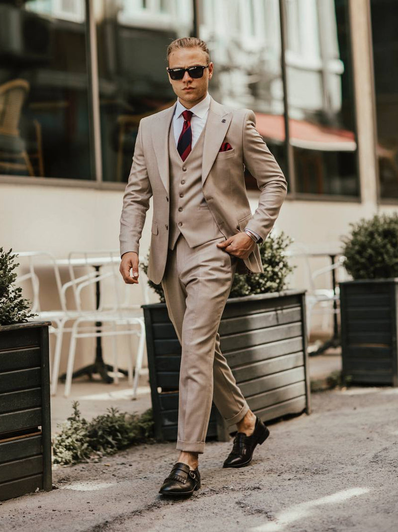Beige Striped Slim-Fit Suit 3-Piece